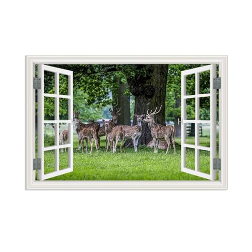 MOBYAT Leinwandbild Fensterblick Bilder Wald Natur,Hirsch auf der Waldwiese,Bild auf Leinwand Blick aus Dem Fenster,Wanddeko Schlafzimmer Bilder90x60cm(35x24in) Rahmenlos von MObyat