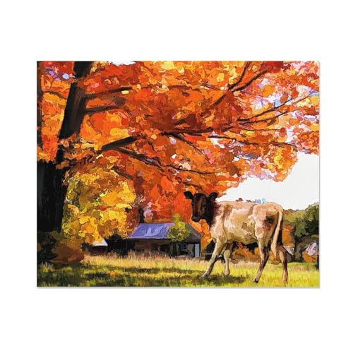 MOBYAT Leinwandbilder Bild auf Leinwand Vlies Wandbild Abstrakte Kuh der Herbstlandschaft Kunstdruck Wanddeko Wand Wohnzimmer Wanddekoration Deko Landschaft Natur 60x80cm(24x31in) Rahmenlos von MOBYAT