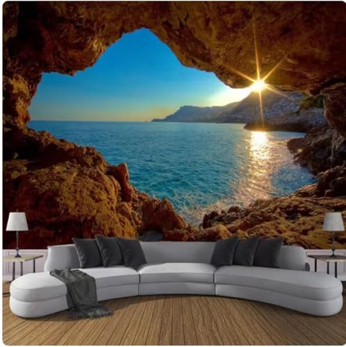 MOBYAT Tapete 3D Höhle Sonnenaufgang Meer Natur Landschaft Große Wandbilder Wohnzimmer Sofa Schlafzimmer Hintergrund Dekor Tapete, 3D, 400 x 280 cm von MOBYAT