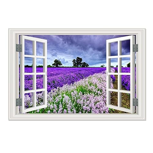 Wanddekoration mit Fensterblick Lila Lavendel Kunstdruck modern Wandbilder Fototapete Panorama Bilder Dekoration Modern Deko für wohnzimmer schlafzimmer80x120cm(31x47in) Rahmenlos von MOBYAT