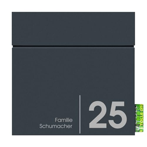 Briefkasten mit Zeitungsfach anthrazit, Postkasten mit Hausnummer und Name, Wand-Briefkasten mit Zeitungsrolle, MOCAVI Box 715 NF72a rostfrei, wetterfest von MOCAVI