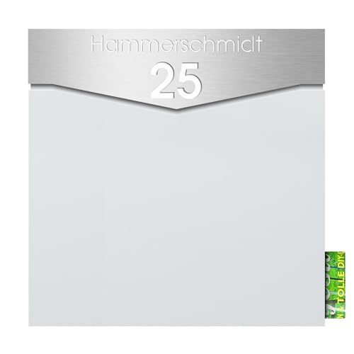Briefkasten mit Zeitungsrolle Signal-Weiss mit Hausnummer und Name MOCAVI Box 710 Design-Postkasten mit Zeitungsfach rostfrei V4A-Edelstahl-Schild (Stick 509) mit Gravur Wand-Briefkasten wetterfest von MOCAVI