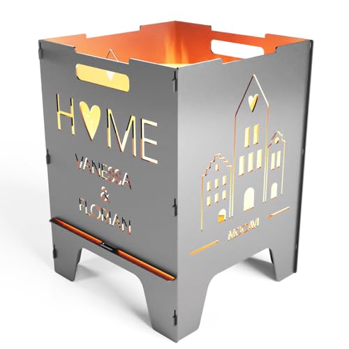 MOCAVI Edelstahl Feuerkorb Home 52 cm | 3 mm V2A personalisiert Design-Feuertonne für Garten, Terrasse und Balkon Feuerschale Feuersäule massiv sicher quadratisch Feuerstelle Outdoor faltbar hitzefest von MOCAVI