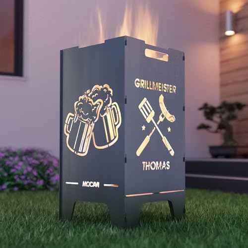 MOCAVI Feuertonne Grillen 73 cm | 3 mm Stahl personalisiert Feuerkorb Feuerschale sicher massiv robust Design-Feuerfass für Garten und Terrasse groß eckig Feuerstelle Outdoor hitzefest außen von MOCAVI