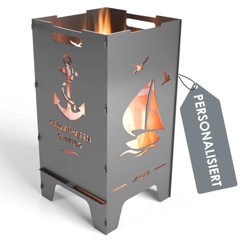 MOCAVI Feuertonne Heimathafen 73 cm | 3 mm Stahl personalisiert Feuerkorb Feuerschale sicher massiv robust Design-Feuerfass für Garten und Terrasse groß eckig Feuerstelle Outdoor hitzefest außen von MOCAVI