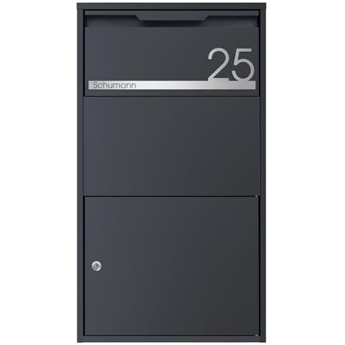 MOCAVI Paketbox 55 - Großer Paketkasten anthrazit/Edelstahl matt personalisiert für Zuhause | Paketannahmebox individuell | Sichere, wetterfeste Paketstation RAL 7016 | rostfrei | Paketbox geräumig von MOCAVI