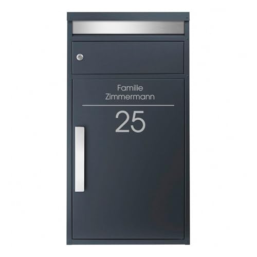 MOCAVI Paketbriefkasten PBox 65F anthrazit-grau matt mit Personalisierung Name und Hausnummer Design-Paketkasten modern großer Standbriefkasten Paketbox Paketkasten NF80A RAL 7016 freihstehend von MOCAVI