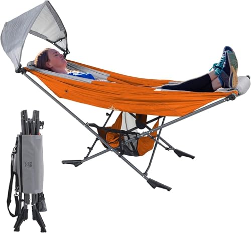 MOCK ONE Hängematte mit Gestell und Verstellbarem Sonnenschutz, Hängematte Outdoor mit Gestell Klappbar mit Stahlrahmen für Garten, Camping, Strand, Orange von MOCK ONE