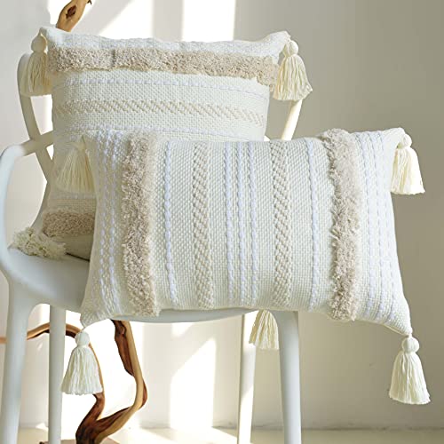 MOCOFO 2er Set Dekorative Kissenbezüge 30x50cm/45x45cm - Beige - Outdoor Super Weiche Kissenbezug Zierkissenbezug getuftete Fransen Kissenhülle von MOCOFO