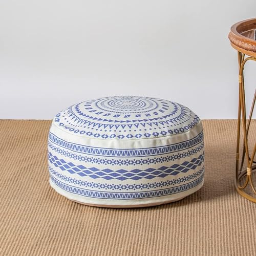 MOCOFO Ungefüllte runde Hockerabdeckungen Boho Bunte geometrische osmanische Hockerabdeckung mit Griffdesign, Dekoration Fußschemel für Wohnzimmer, Schlafzimmer, Terrasse (blau, 45x45x20cm) von MOCOFO