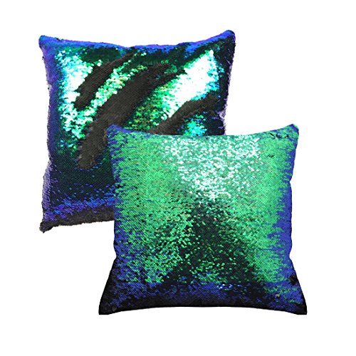 Mocofo Glitzerkissen Set von 2 wendbaren Sequenz Meerjungfrau Kissenbezug Magic Parkly Fun Flip Pailletten Throw Blau Schwarz Couch Farbwechsel Dekor Kissenbezüge für Sofa 40,6 x cm von MOCOFO