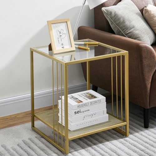 MODERION Beistelltisch aus goldfarbenem Glas mit Gehärteter Glasplatte, Metallgestell, Balkon Couchtisch, Sofatisch, Nachttisch, Stabil, 45.5 X 45.5 X 55 cm MODERION Beistelltisch aus goldfarbenem Glas mit Gehärteter Glasplatte, Metallgestell, Balkon Couchtisch, Sofatisch, Nachttisch, Stabil, 45.5 X 45.5 X 55 cm von MODERION