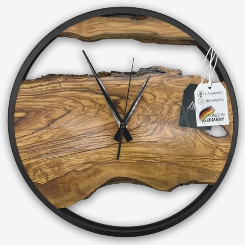 MODERNMOMENTS ® Wanduhr Holz ohne Tickgeräusche Handarbeit rustikal Olivenholz Holz Wanduhren modern Baumkante Holzuhr Wohnzimmeruhr Uhr Wand Massivholz Naturholz Clock Deko von MODERNMOMENTS