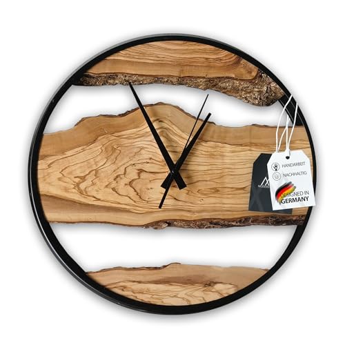 MODERNMOMENTS ® Wanduhr Holz ohne Tickgeräusche Handarbeit rustikal Olivenholz Holz Wanduhren modern Baumkante Holzuhr Wohnzimmeruhr Uhr Wand Massivholz Naturholz Clock Deko von MODERNMOMENTS