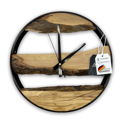 MODERNMOMENTS ® Wanduhr Holz ohne Tickgeräusche Handarbeit rustikal Olivenholz Holz Wanduhren modern Baumkante Holzuhr Wohnzimmeruhr Uhr Wand Massivholz Naturholz Clock Deko von MODERNMOMENTS
