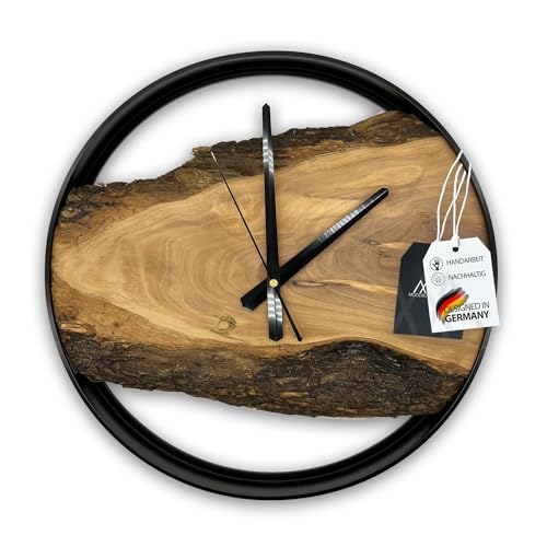 MODERNMOMENTS ® Wanduhr Holz ohne Tickgeräusche Handarbeit rustikal Olivenholz Holz Wanduhren modern Baumkante Holzuhr Wohnzimmeruhr Uhr Wand Massivholz Naturholz Clock Deko von MODERNMOMENTS