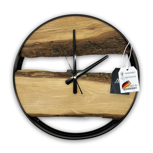 MODERNMOMENTS ® Wanduhr Holz ohne Tickgeräusche Handarbeit rustikal Olivenholz Holz Wanduhren modern Baumkante Holzuhr Wohnzimmeruhr Uhr Wand Massivholz Naturholz Clock Deko von MODERNMOMENTS