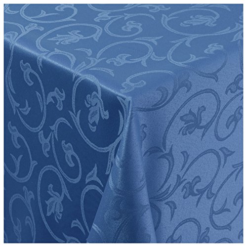 Tischdecke Damast Stoff Barock Tulpen Tischtuch Bügelarm eckig 100x100 cm in Blau mit umgenähtem Rand Premium Qualität von MODERNO