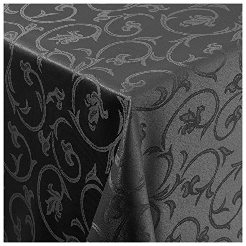 Tischdecke Damast Stoff Barock Tulpen Tischtuch Bügelarm eckig 130x280 cm in Schwarz mit umgenähtem Rand Premium Qualität von MODERNO