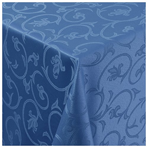 Tischdecke Damast Stoff Barock Tulpen Tischtuch Bügelarm eckig 80x80 cm in Blau mit umgenähtem Rand Premium Qualität von MODERNO