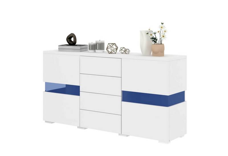 MODFU Anrichte Anrichte Schubladenkommode Kommode (Breite 140 cm Schrank mit LED-Leuchten, mit zwei Türen und vier Schubladen), für Esszimmer Wohnzimmer Hochglanz Weiß von MODFU