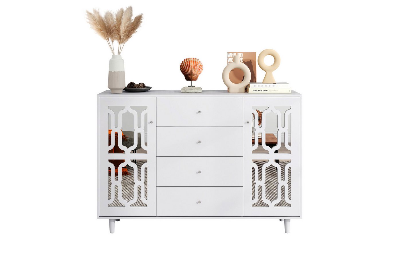 MODFU Anrichte Küchenschrank (Weiß), Kommode mit vier Schubladen und Spiegelfront von MODFU