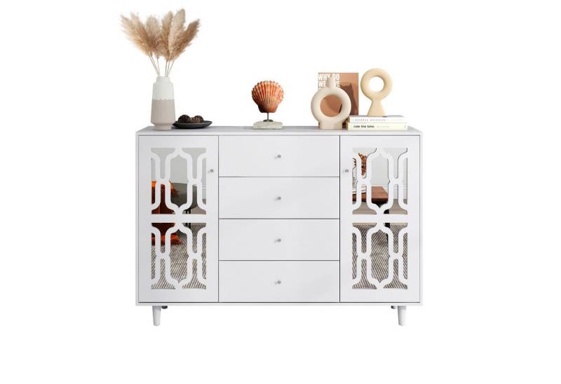 MODFU Anrichte Küchenschrank (Weiß), Kommode mit vier Schubladen und Spiegelfront von MODFU