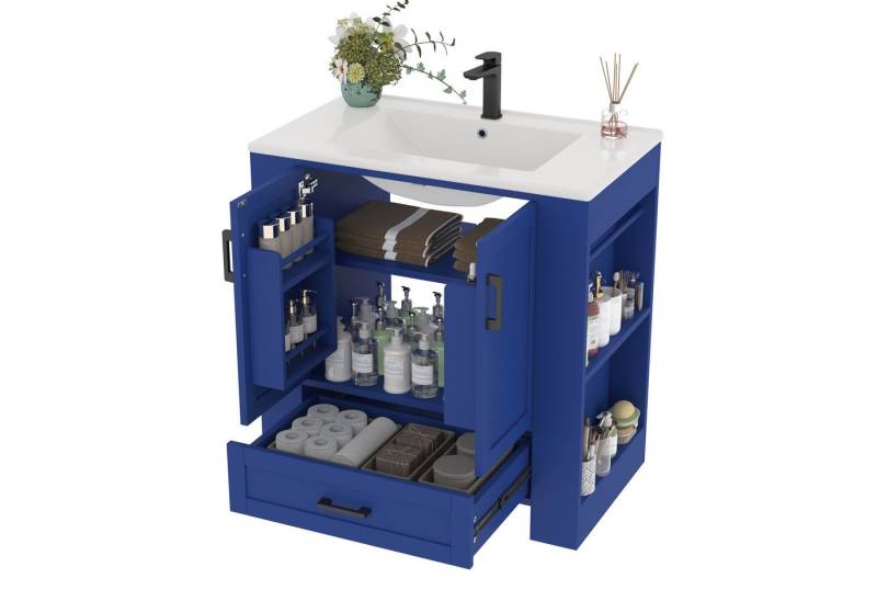 MODFU Badkommode Bodenstehender Badezimmerschrank (Modischer Badezimmerschrank mit integriertem Keramikwaschbecken in Blau – Freistehend, Geräuschlose Schubladen, Feuchtigkeitsbeständig., 76 x 46 x 78.5cm) von MODFU