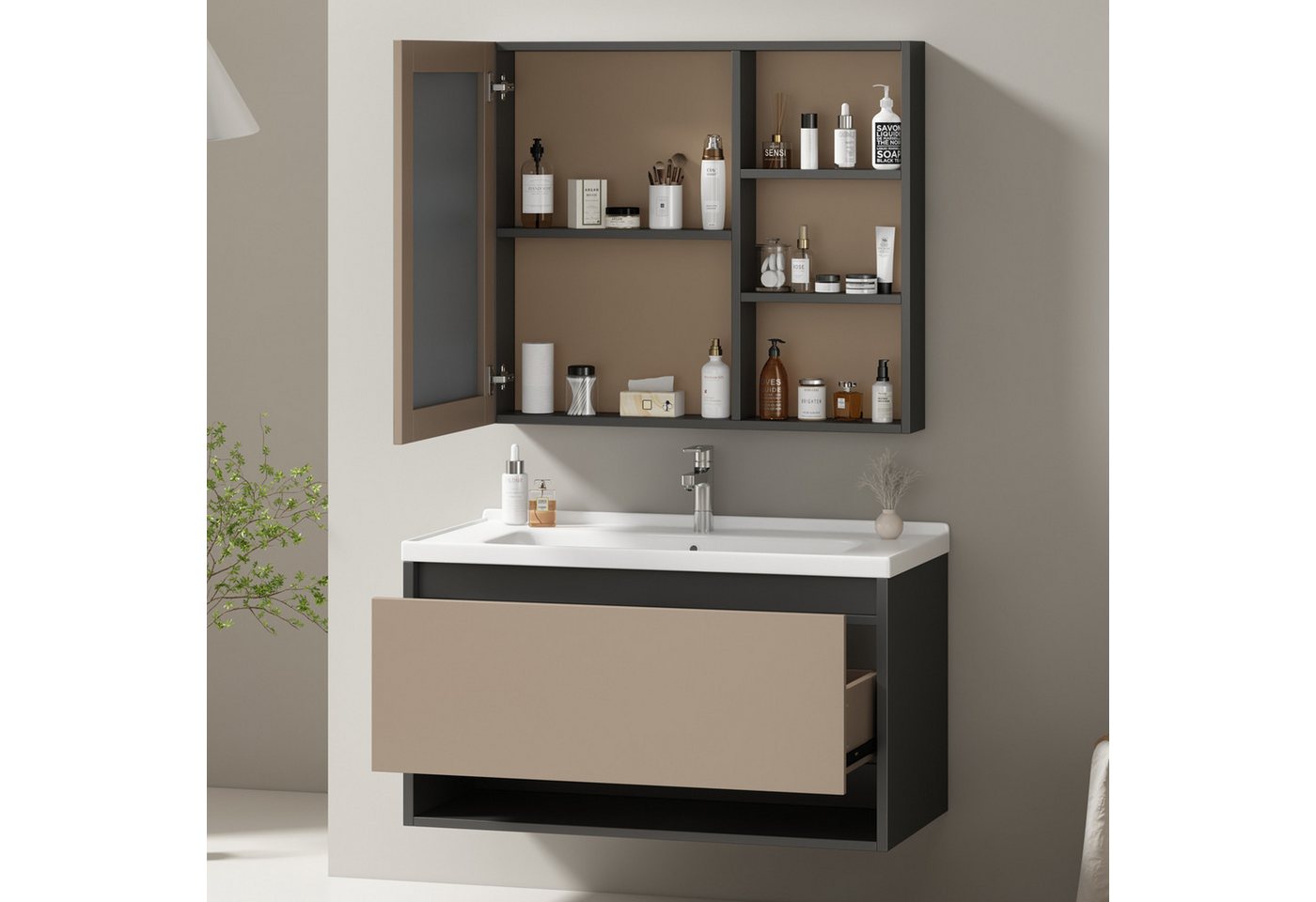 MODFU Badmöbel-Set Badschrank, Waschbeckenunterschrank hängend 90cm breit, (mit Keramikwaschbecken,Schubladen,Spiegelschrank) von MODFU