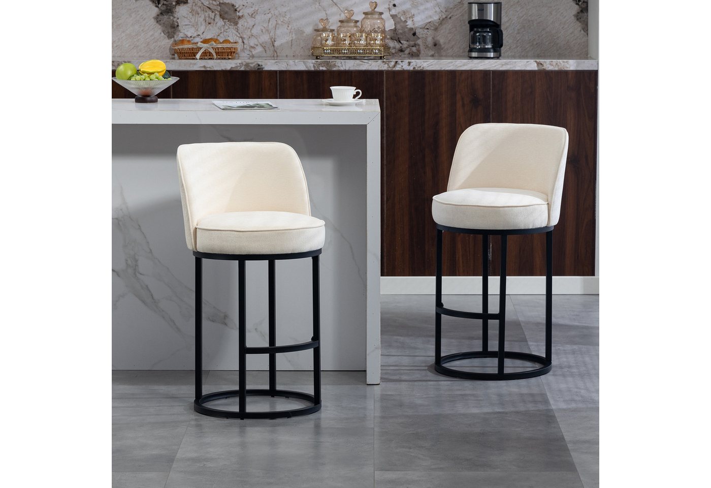 MODFU Barhocker 2er-Set Barstühle mit gepolstertem Leinenbezug (mit schwarzen Metallbeinen), komfortable Bar- und Essstühle von MODFU