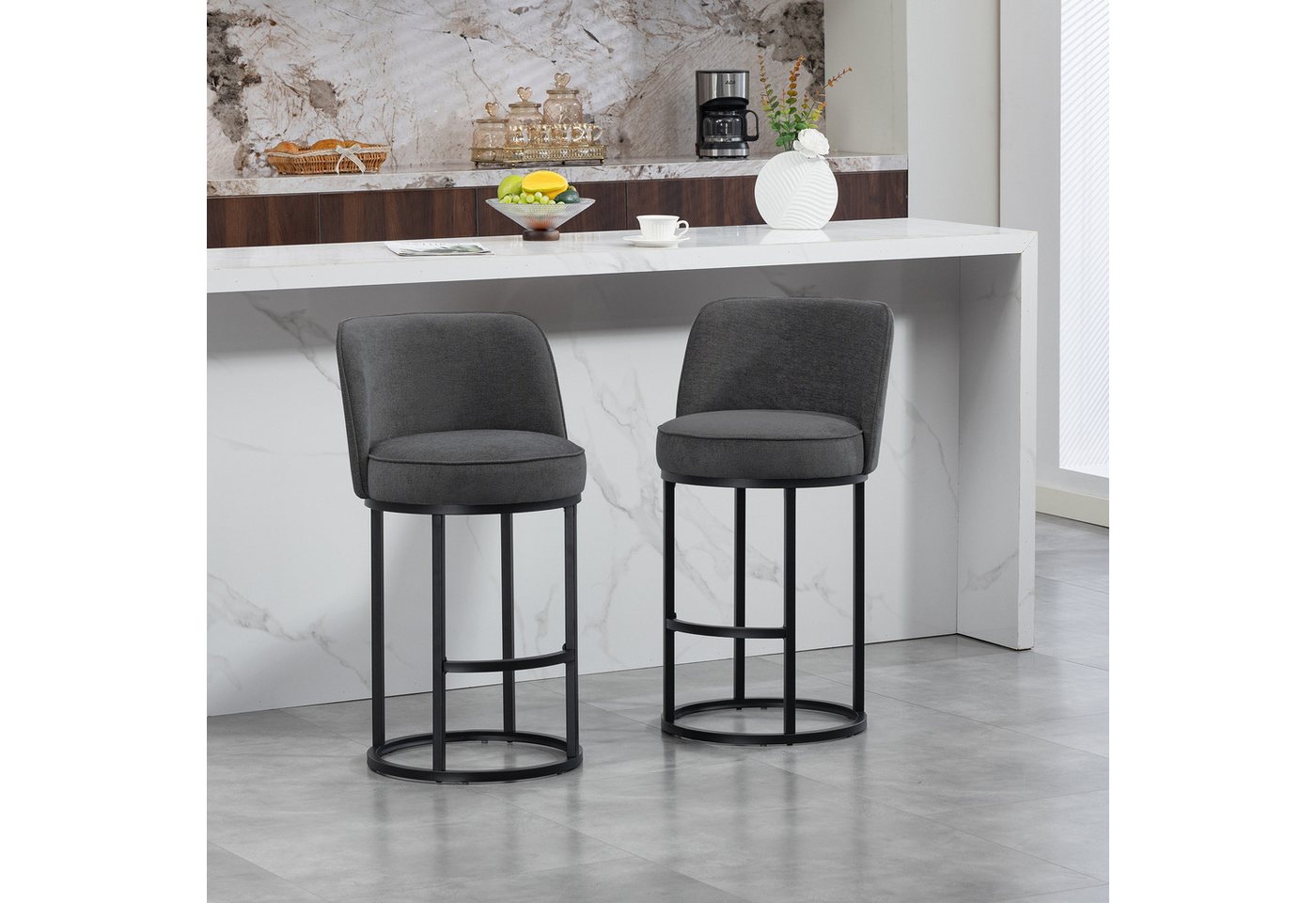 MODFU Barhocker 2er-Set Barstühle mit gepolstertem Leinenbezug (mit schwarzen Metallbeinen), komfortable Bar- und Essstühle von MODFU