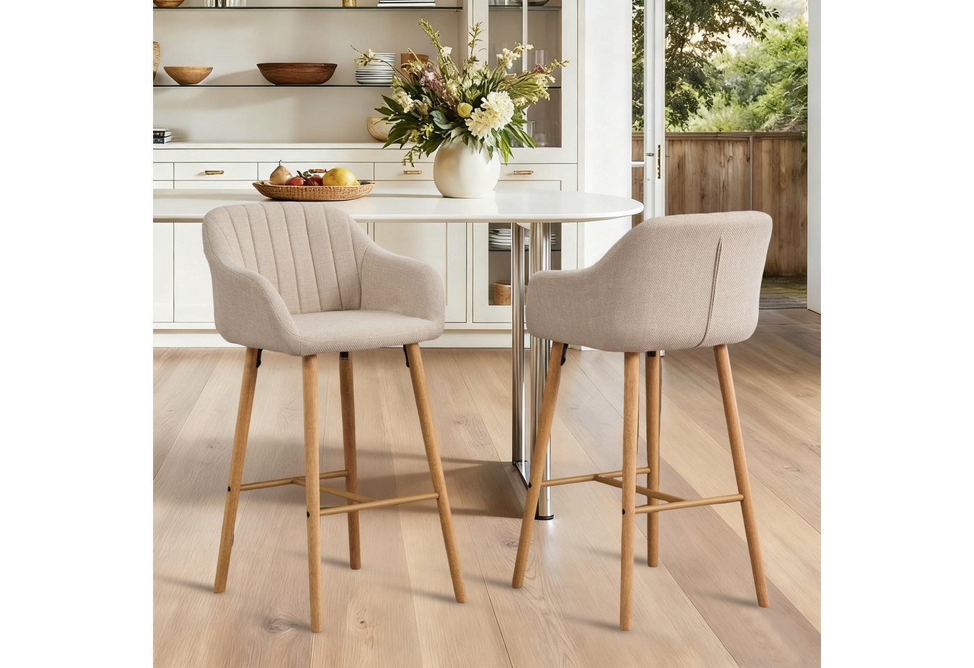 MODFU Barhocker 2er-Set Küchenstühle mit hoher Rückenlehne und Armlehnen (elegante Leinen-Sitze auf Holzbeinen), Barstühle Bistrohocker von MODFU