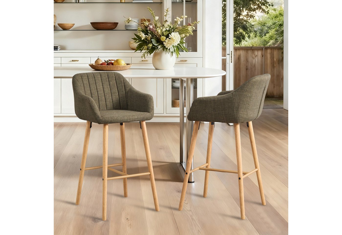 MODFU Barhocker 2er-Set Küchenstühle mit hoher Rückenlehne und Armlehnen (elegante Leinen-Sitze auf Holzbeinen), Barstühle Bistrohocker von MODFU