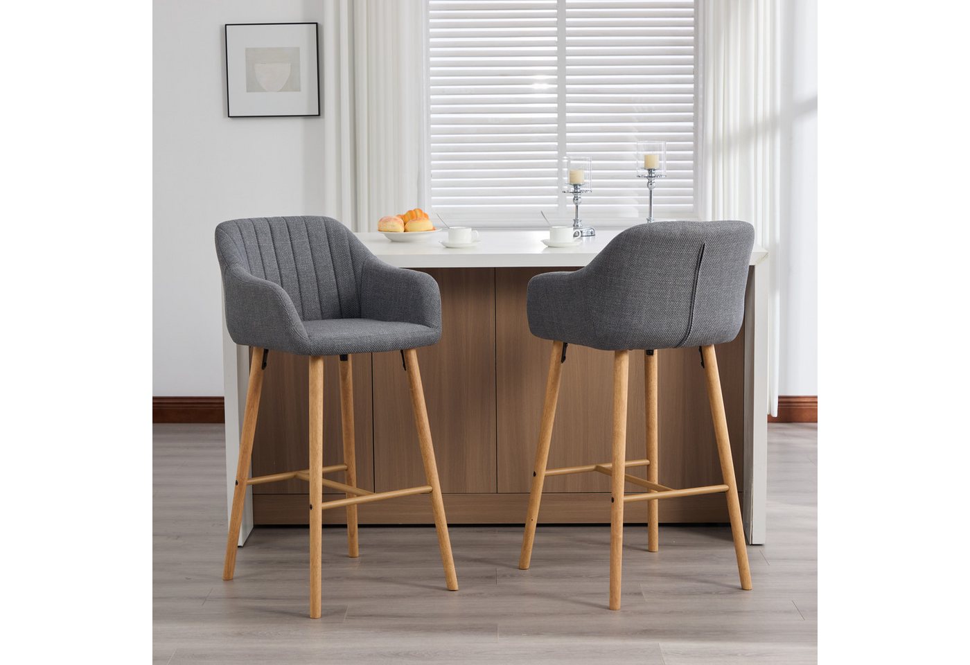 MODFU Barhocker 2er-Set Küchenstühle mit hoher Rückenlehne und Armlehnen (elegante Leinen-Sitze auf Holzbeinen), Barstühle Bistrohocker von MODFU