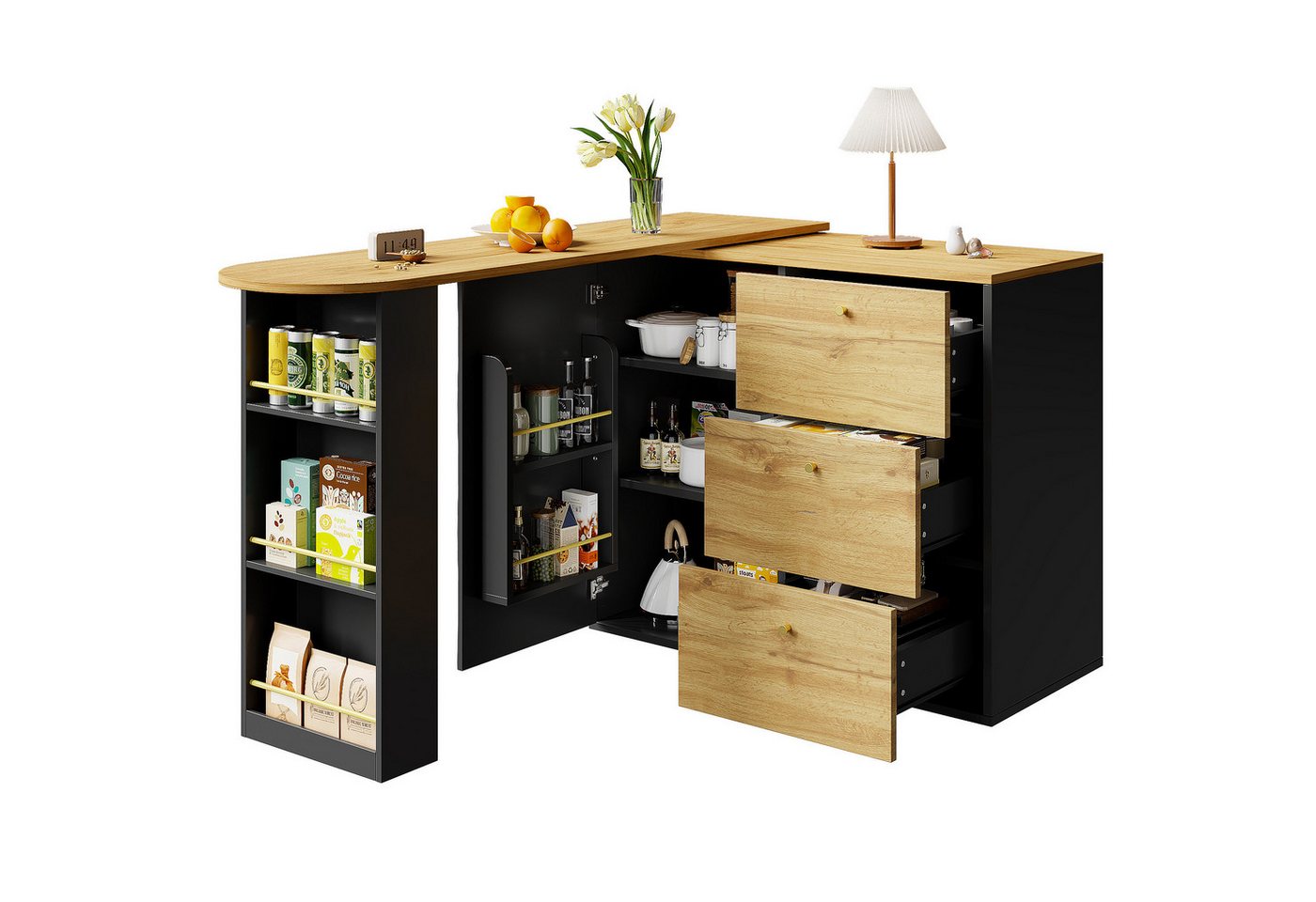 MODFU Bartisch 360° Drehbarer Bartisch,Kücheninsel, Reversibel Tisch (Ausziehbarer Bartisch mit 360° Drehfunktion und Stauraum, 138-204 cm, modernes Design mit Wellenstruktur und Snackfach., 138-204×39×104cm), 360° drehbare Essbar mit Stauraum MODFU Bartisch 360° Drehbarer Bartisch,Kücheninsel, Reversibel Tisch (Ausziehbarer Bartisch mit 360° Drehfunktion und Stauraum, 138-204 cm, modernes Design mit Wellenstruktur und Snackfach., 138-204×39×104cm), 360° drehbare Essbar mit Stauraum von MODFU