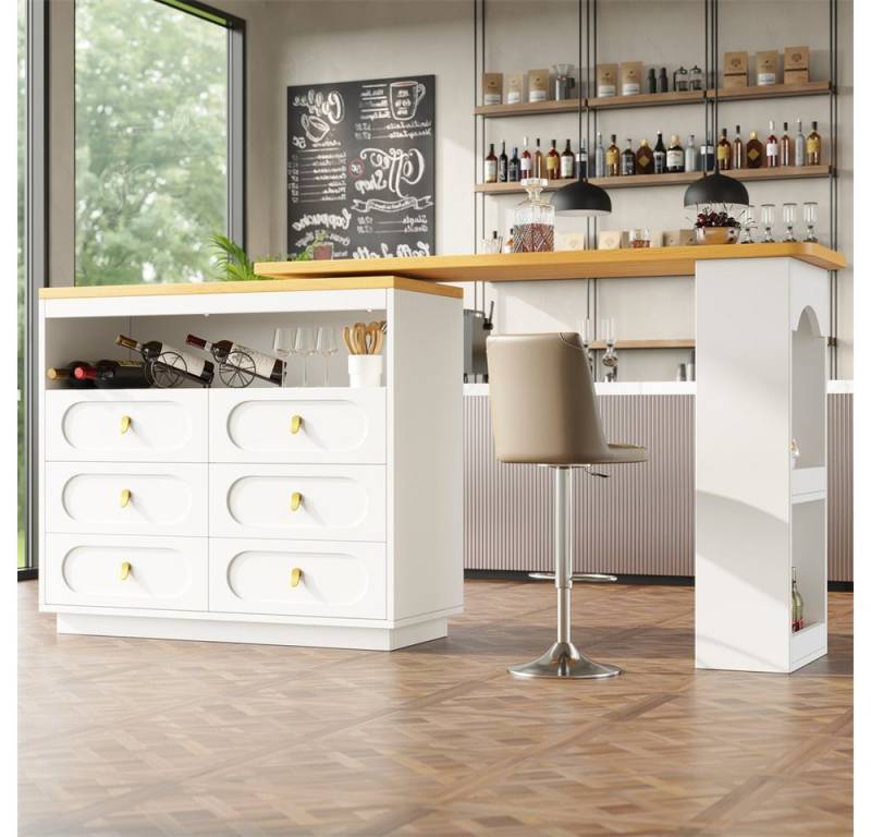 MODFU Bartisch 360° Drehbarer Bartisch,Kücheninsel, Reversibel Tisch (Moderner Ausziehbarer Bartisch mit 360° Drehfunktion, LED-Beleuchtung & Stauraum, 1-St., 137-203×39×90cm), 360° drehbare Essbar mit Stauraum von MODFU
