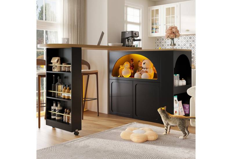 MODFU Bartisch 360° Drehbarer Bartisch,Kücheninsel, Reversibel Tisch (mit LED Hochtisch Kücheninsel, Gewölbtes Türdesign, 1-St., 135-205×39×100cm), mit Stauraum von MODFU