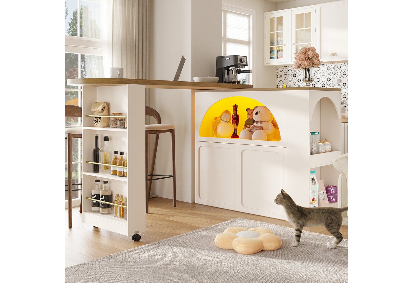 MODFU Bartisch 360° Drehbarer Bartisch,Kücheninsel, Reversibel Tisch (mit LED Hochtisch Kücheninsel, Gewölbtes Türdesign, 1-St., 135-205×39×100cm), mit Stauraum von MODFU