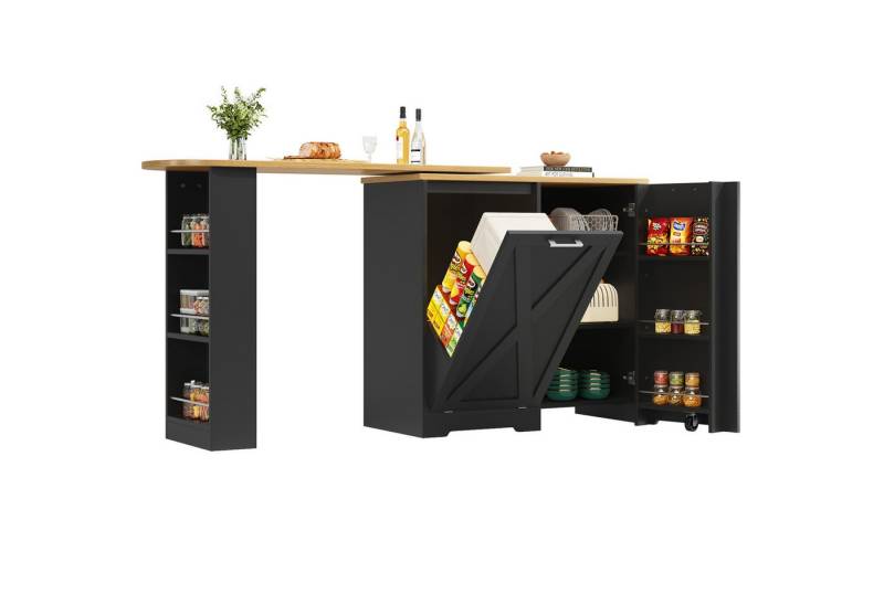 MODFU Bartisch 360° Drehbarer Bartisch,Kücheninsel (360° Drehbare Esstheke in Schwarz, Multifunktionaler Stauraum mit Klapptür & Seitlichen Ablagen., 138-203 x 38 x 105.5 cm (L x B x H), 360° drehbare Essbar von MODFU