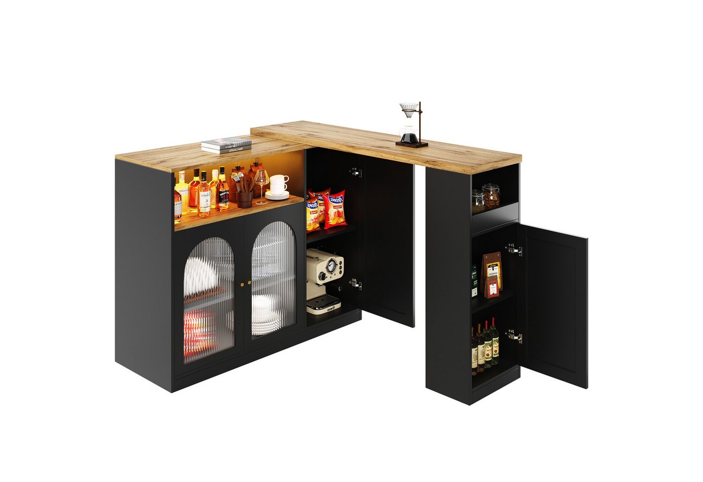 MODFU Bartisch 360°-Rotationsdesign (Stehtisch Bistrotisch, Ausziehbarer Esstisch, 1-St., 4 Türen, 2 offene Fächer), mit Schreibtisch in Holzmaserung und LED-Licht von MODFU