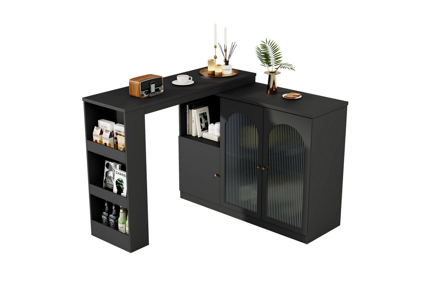 MODFU Bartisch 360° drehbare Essbar (rotierender Ess-Barschrank, multifunktionaler Aufbewahrungsschrank, 3 Türen), mit Glastür, für Küche und Esszimmer von MODFU