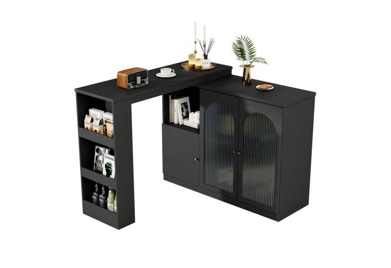 MODFU Bartisch 360° drehbare Essbar (rotierender Ess-Barschrank, multifunktionaler Aufbewahrungsschrank, 3 Türen), mit Glastür, für Küche und Esszimmer von MODFU