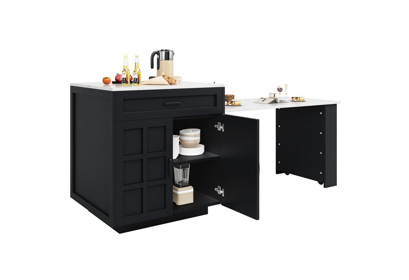 MODFU Bartisch Ausziehbarer,Kücheninsel,Bartisch mit 2 Schubladen (Ausziehbarer Bartisch mit Stauraum (133-202×70×93,5 cm), Mit 2 Schubladen, 4 Fächern und Gewürzregal – Flexibel Erweiterbar, Perfekt für Küche, Esszimmer & Büro., 133-202×70×93.5cm), mit zwei Schubladen und vier Fächern von MODFU