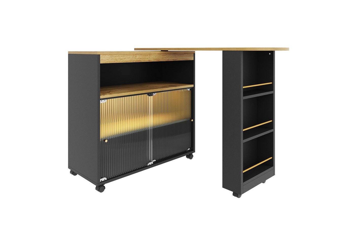 MODFU Bartisch Hochtisch Kücheninsel Bistro Table (Ausziehbarer Stehtisch,Bistrotisch mit Stauraum, 2-St., Ausziehbare Länge: 138-204 cm), mit LED, drei Ebenen von Ablagefächern von MODFU
