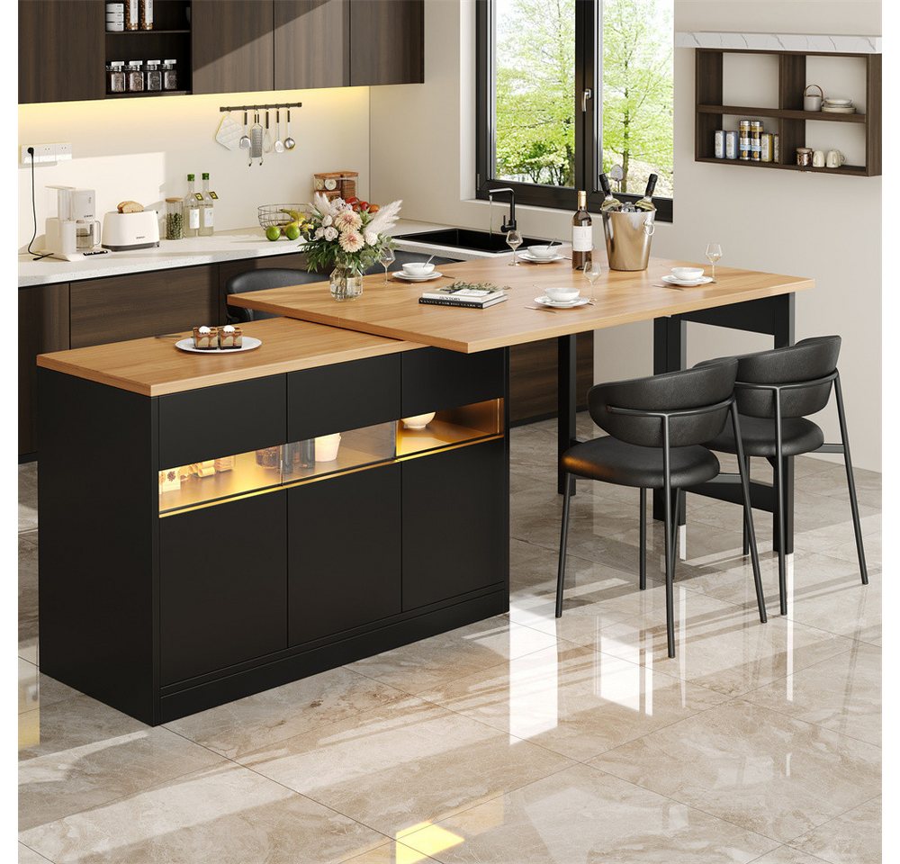 MODFU Bartisch Kücheninsel, Reversibel Tisch (Ausziehbarer Bartisch mit LED-Beleuchtung, 360° Drehfunktion & Höhenverstellung, Sideboard, Bar- & Arbeitstisch, 1-St., 120-180 cm) von MODFU