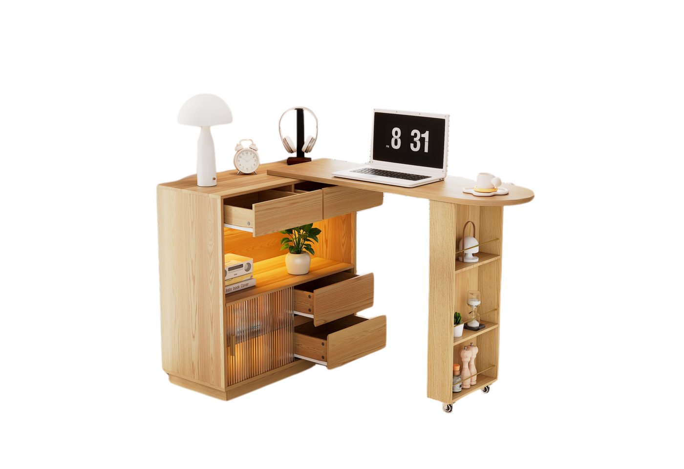 MODFU Bartisch L-förmiger Schreibtisch mit Ablage (Stehtisch Bistrotisch,Ausziehbarer Esstisch, Ecktisch, 1-St., 1 Glasschiebetüren, 4 Schubladen, 4 offene Fächer), mit schwenkbare Tischplatte, LED-Lichtband von MODFU