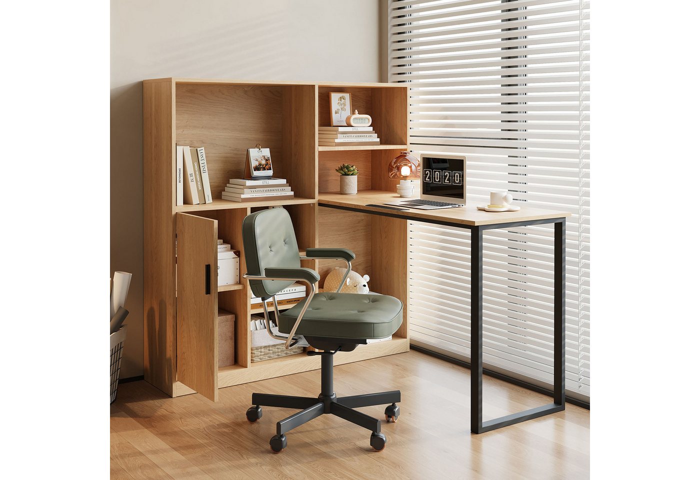 MODFU Bartisch Schreibtisch mit Stauraum und Holzmaserung (Schrankschreibtisch, Arbeitstisch, 1-St., mit Regal, Schreibtisch), integrierte Ablagefächer und geschlossener Schrank von MODFU