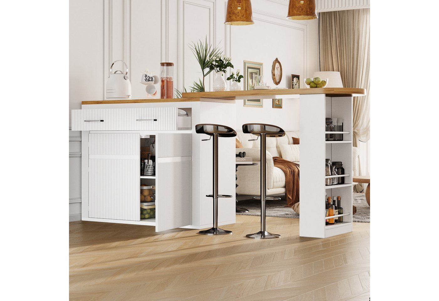 MODFU Bartisch für Wohnzimmer, Esszimmer & Homeoffice (Moderner beweglicher Hochtisch mit 1 Schublade & 2 Regalen, Teleskopischer Kücheninsel-Tisch mit Rollen & Soft-Close-System, 1-St., 137-215×39×102.3cm) von MODFU