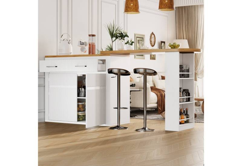 MODFU Bartisch für Wohnzimmer, Esszimmer & Homeoffice (Moderner beweglicher Hochtisch mit 1 Schublade & 2 Regalen, Teleskopischer Kücheninsel-Tisch mit Rollen & Soft-Close-System, 1-St., 137-215×39×102.3cm) von MODFU