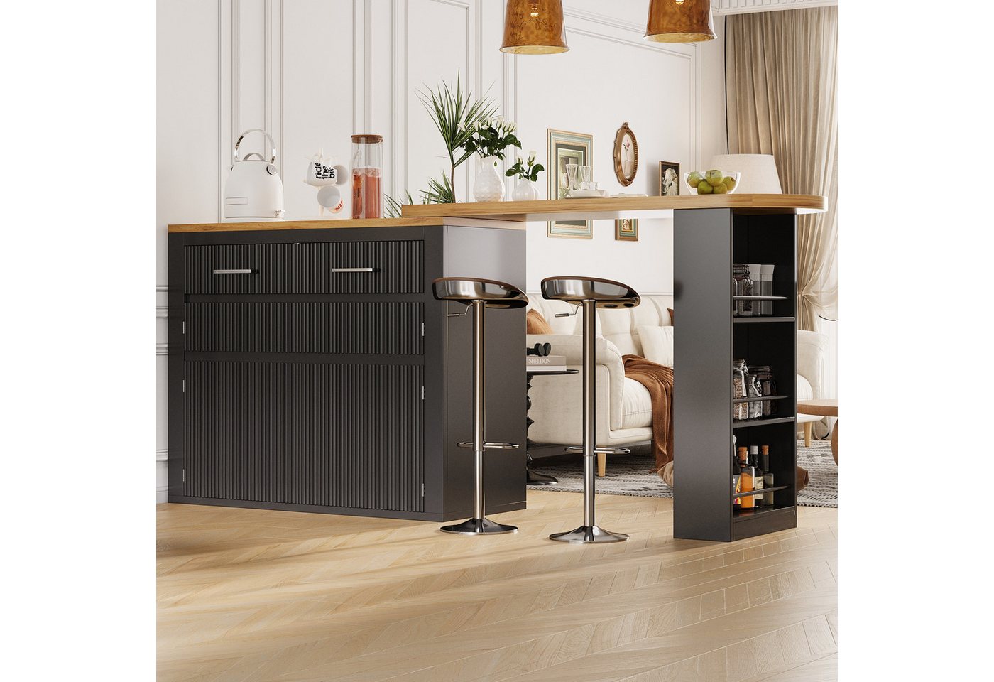MODFU Bartisch für Wohnzimmer, Esszimmer & Homeoffice (Moderner beweglicher Hochtisch mit 1 Schublade & 2 Regalen, Teleskopischer Kücheninsel-Tisch mit Rollen & Soft-Close-System, 1-St., 137-215×39×102.3cm) von MODFU